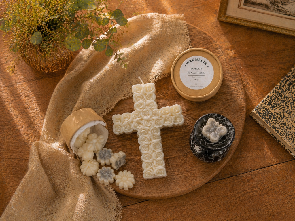 Vela Cruz de Rosas | Cera de soja con aroma Palo Santo
