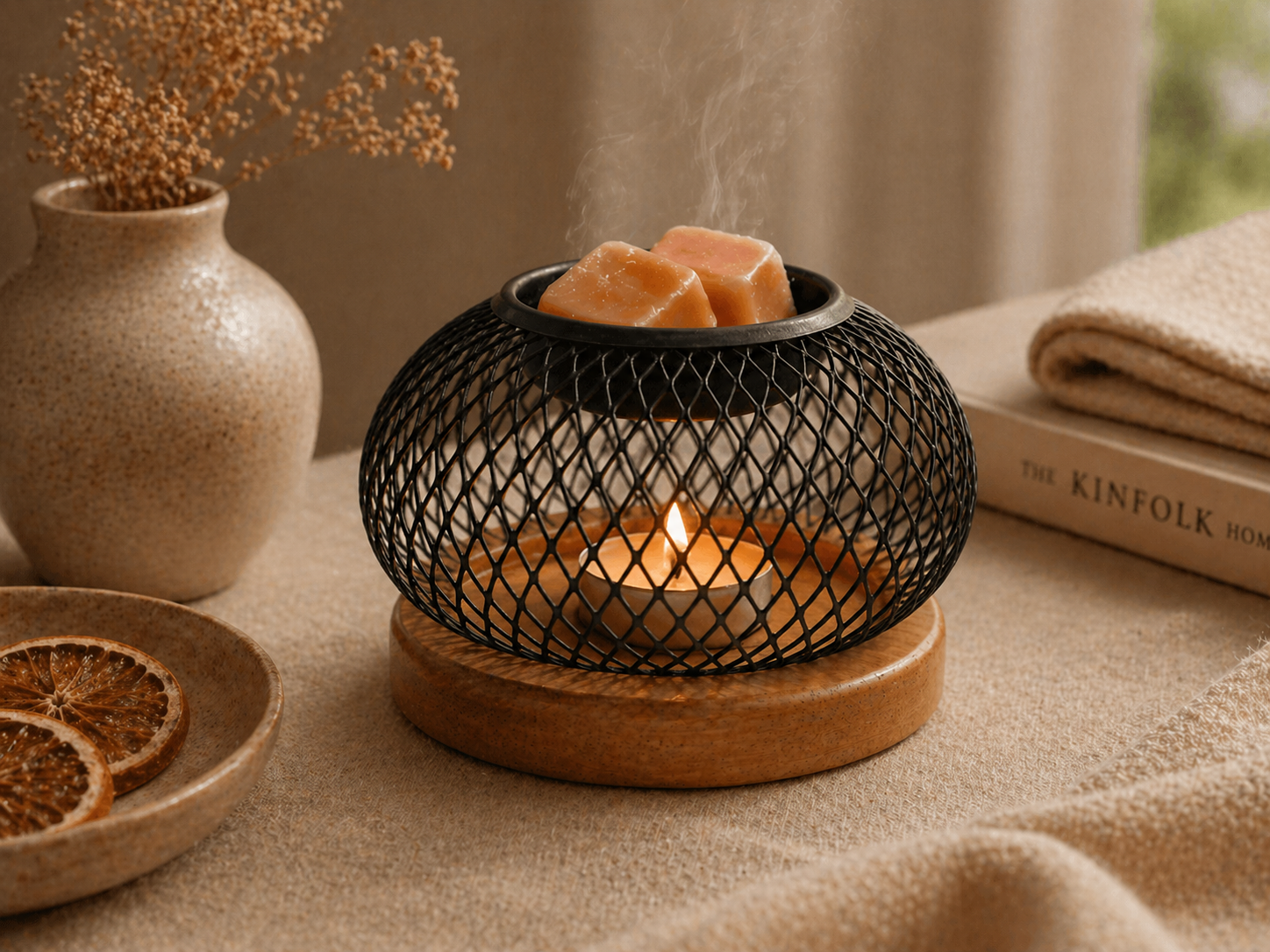 Quemador con Malla Metálica y Base de Madera