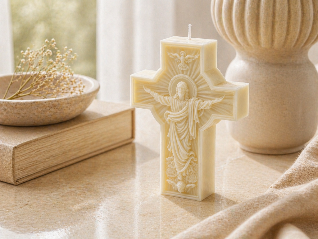Vela Cruz Cristo Resucitado | Vela religiosa artesanal de soja
