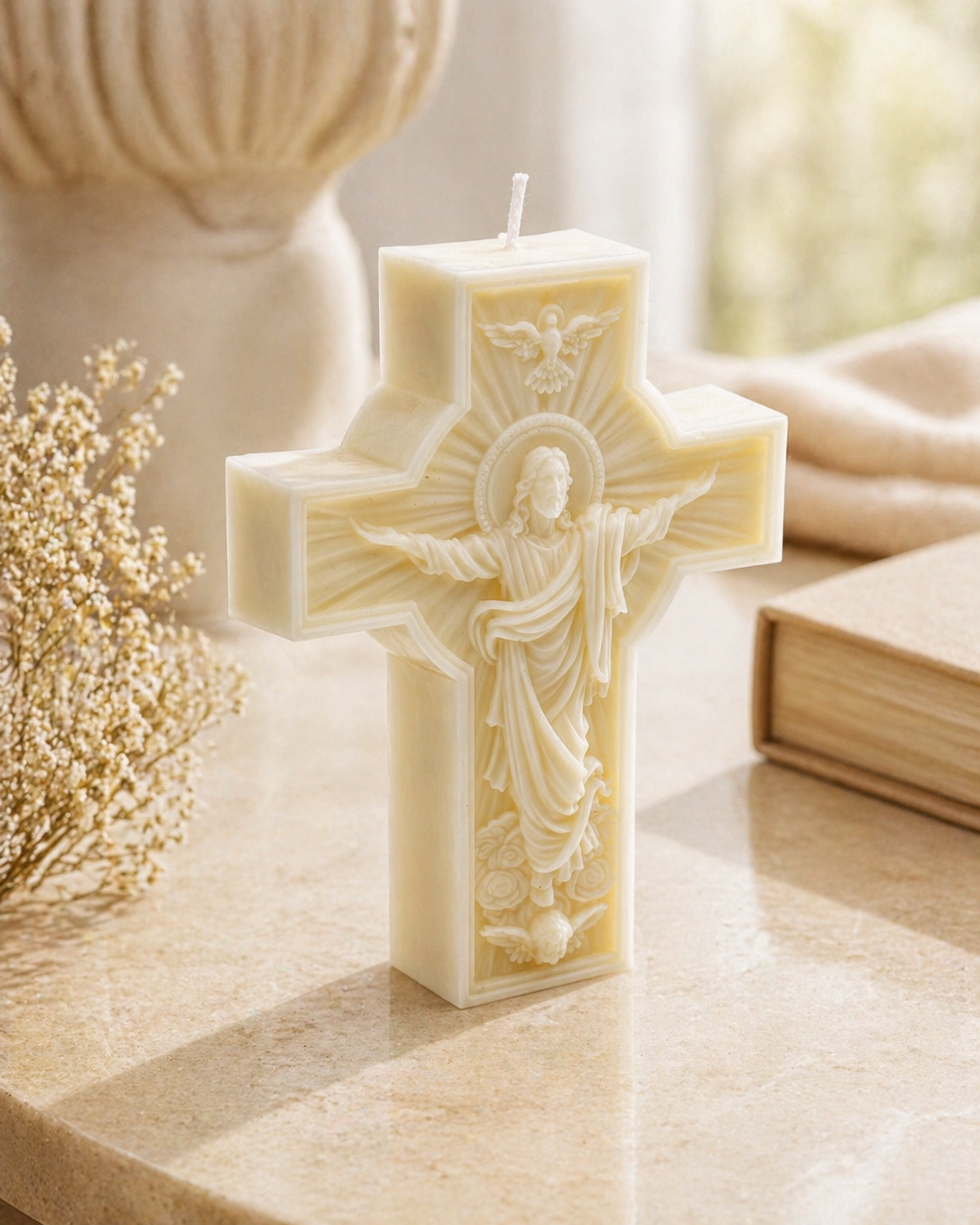 Vela Cruz Cristo Resucitado | Vela religiosa artesanal de soja