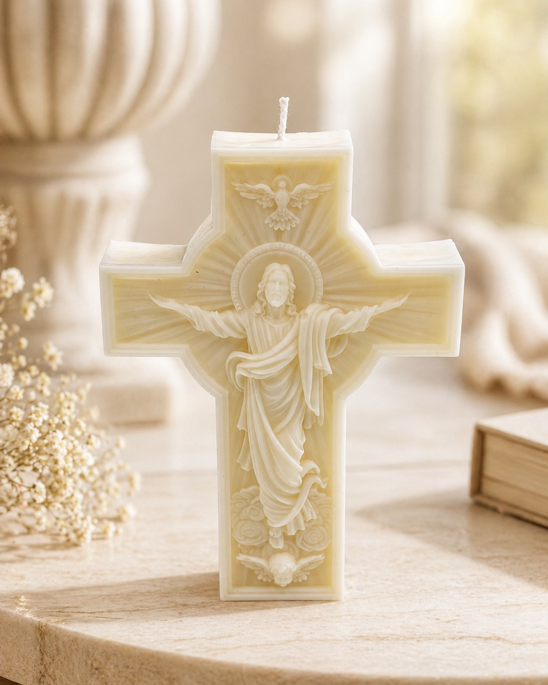 Vela Cruz Cristo Resucitado | Vela religiosa artesanal de soja